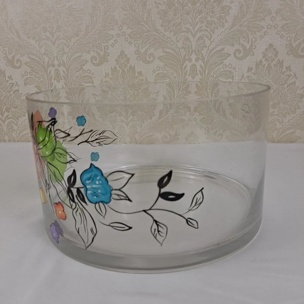 Artland Laurie Gates Clear Glass Bowl with Multi Color Hand Painted Flowers